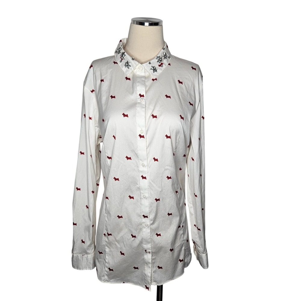 Charter Club Womens White Red Scottie Dog Print Decorative Collar Blouse Size 18